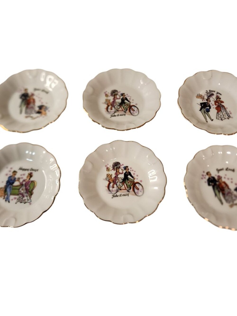 Kitschy Vintage Ashtrays Featuring a Couple and Cupid set of 6 Japan